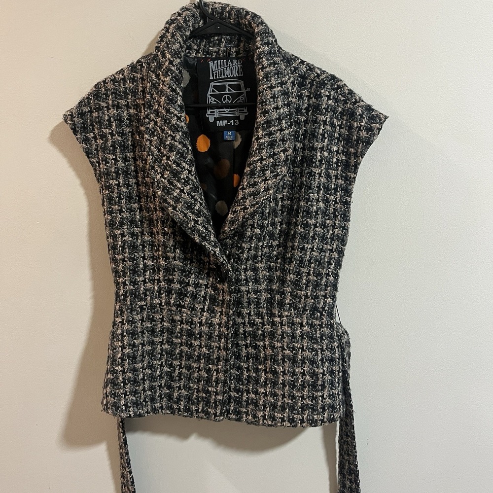 Millard Fillmore Chunky  Tweed Cropped‎ Sleeveless Jacket Womens Med Wool Blend